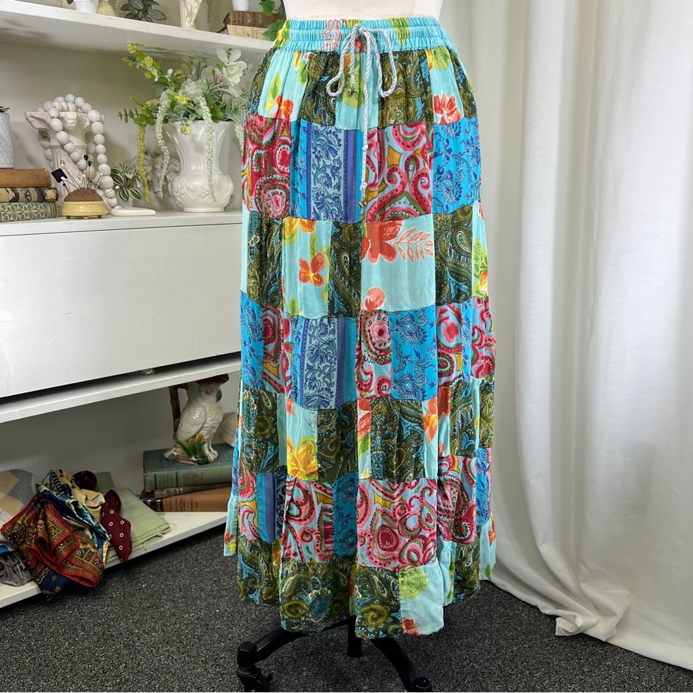 Vintage 90s Blue Patchwork Floral Boho Made in India Maxi Skirt